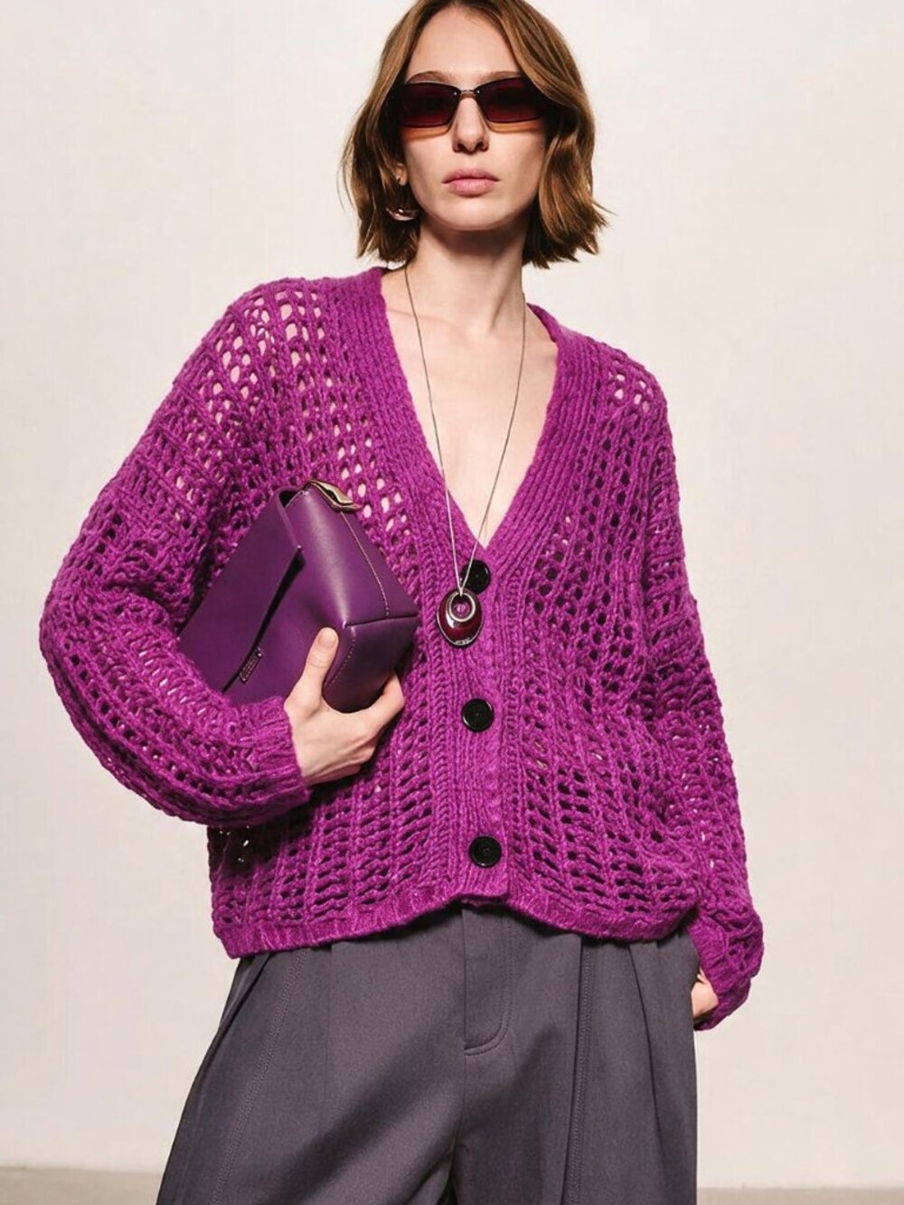 Roberto Collina Open-Knit Button-Front Cardigan in Magenta